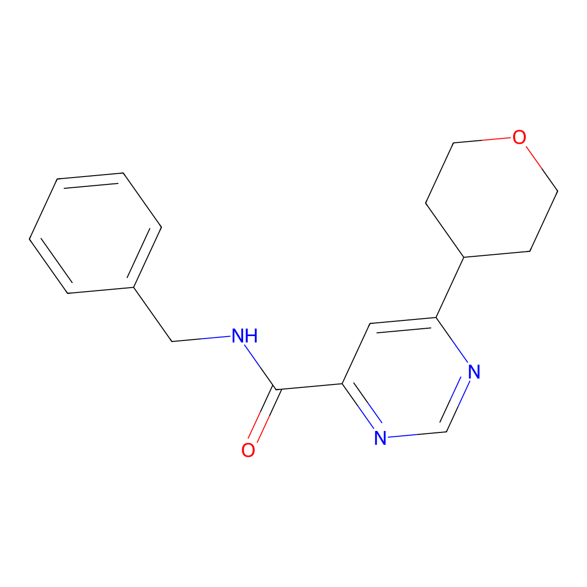 N-Benzyl-6-(oxan-4-yl)pyrimidine-4-carboxamide molecular structure, CAS 2415533-19-4
