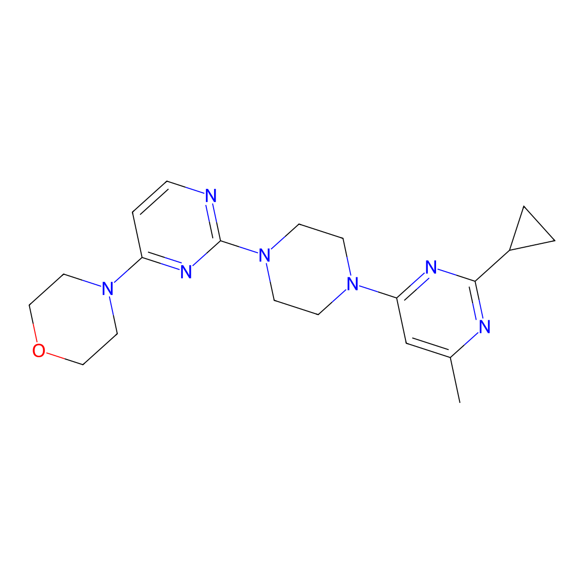 4-{2-[4-(2-Cyclopropyl-6-methylpyrimidin-4-yl)piperazin-1-yl]pyrimidin-4-yl}morpholine molecular structure, CAS 2415533-32-1