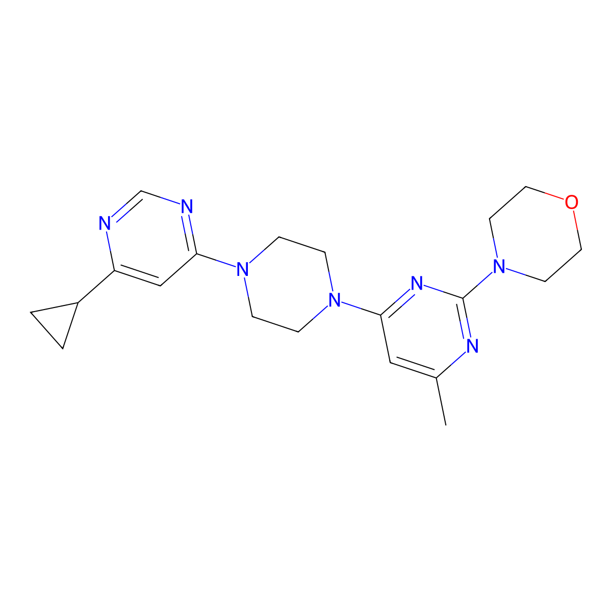 4-{4-[4-(6-Cyclopropylpyrimidin-4-yl)piperazin-1-yl]-6-methylpyrimidin-2-yl}morpholine molecular structure, CAS 2415533-53-6
