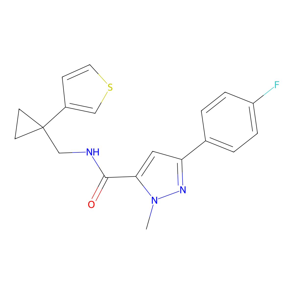 3-(4-fluorophenyl)-1-methyl-N-{[1-(thiophen-3-yl)cyclopropyl]methyl}-1H-pyrazole-5-carboxamide molecular structure, CAS 2415533-55-8