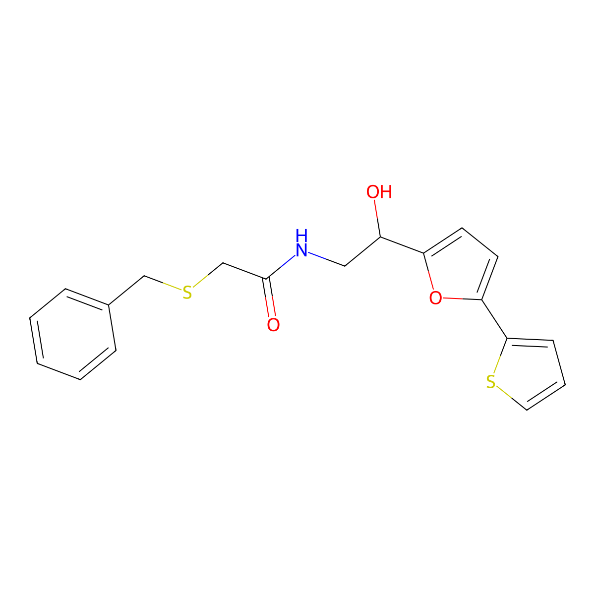 2-(benzylsulfanyl)-N-{2-hydroxy-2-[5-(thiophen-2-yl)furan-2-yl]ethyl}acetamide molecular structure, CAS 2415533-59-2