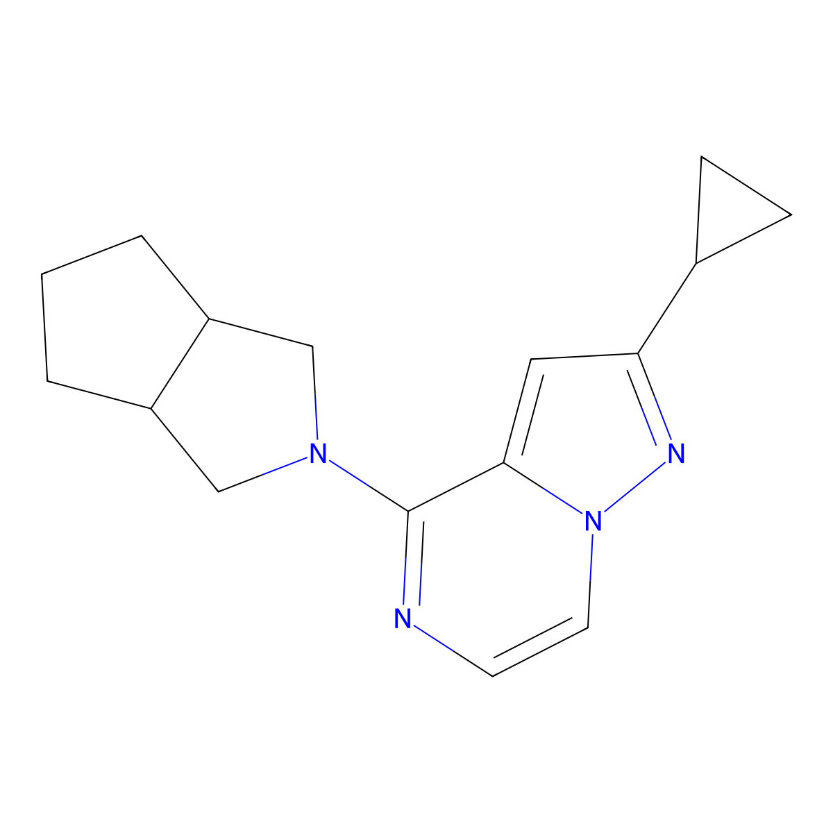 2-Cyclopropyl-4-{octahydrocyclopenta[c]pyrrol-2-yl}pyrazolo[1,5-a]pyrazine molecular structure, CAS 2415533-61-6