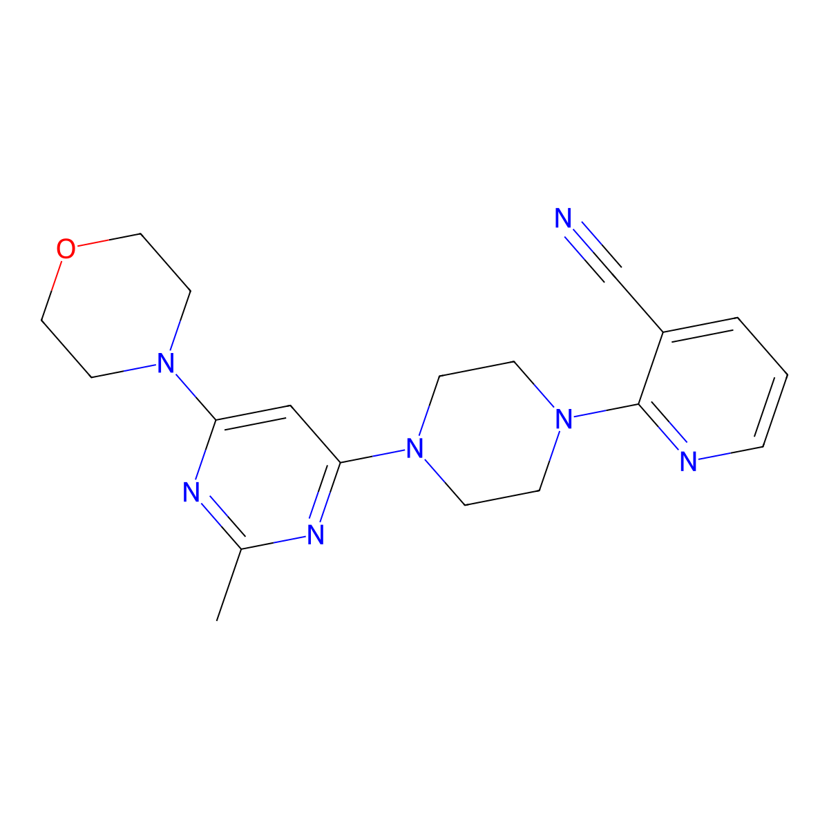 2-{4-[2-Methyl-6-(morpholin-4-yl)pyrimidin-4-yl]piperazin-1-yl}pyridine-3-carbonitrile molecular structure, CAS 2415533-65-0