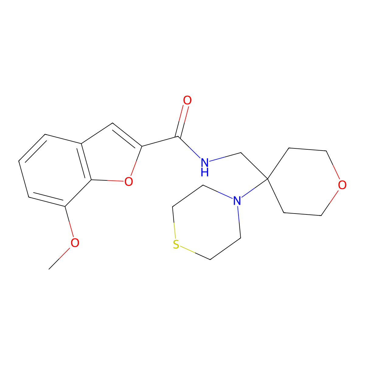 7-methoxy-N-{[4-(thiomorpholin-4-yl)oxan-4-yl]methyl}-1-benzofuran-2-carboxamide molecular structure, CAS 2415533-79-6
