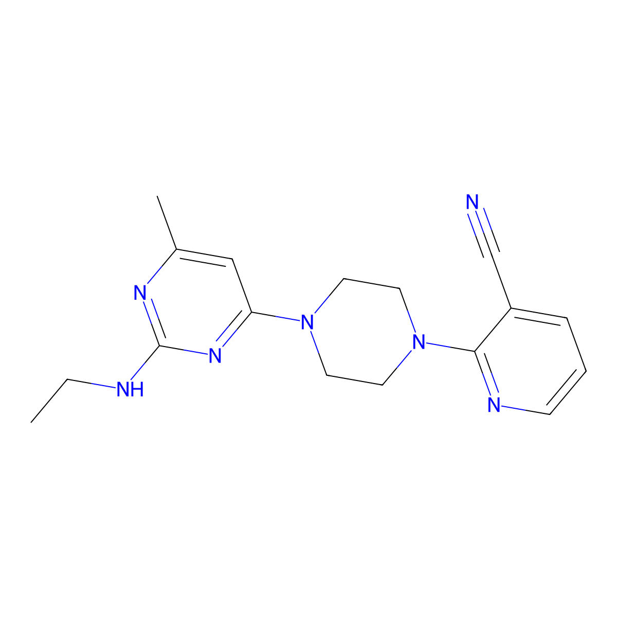 2-{4-[2-(Ethylamino)-6-methylpyrimidin-4-yl]piperazin-1-yl}pyridine-3-carbonitrile molecular structure, CAS 2415533-84-3