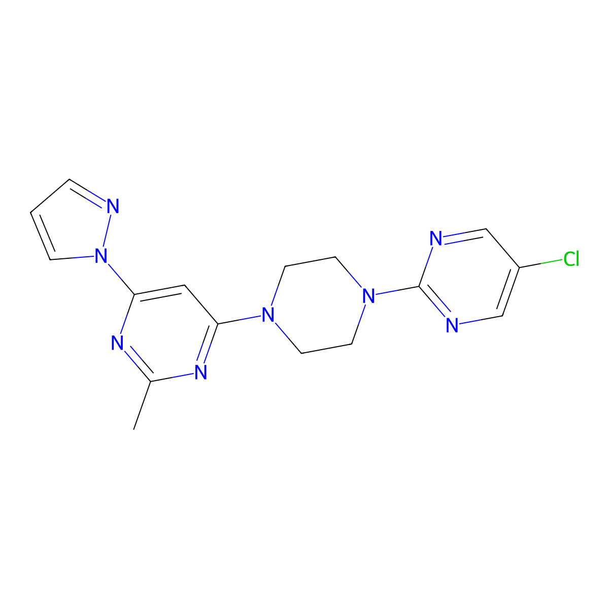 4-[4-(5-chloropyrimidin-2-yl)piperazin-1-yl]-2-methyl-6-(1H-pyrazol-1-yl)pyrimidine molecular structure, CAS 2415533-90-1