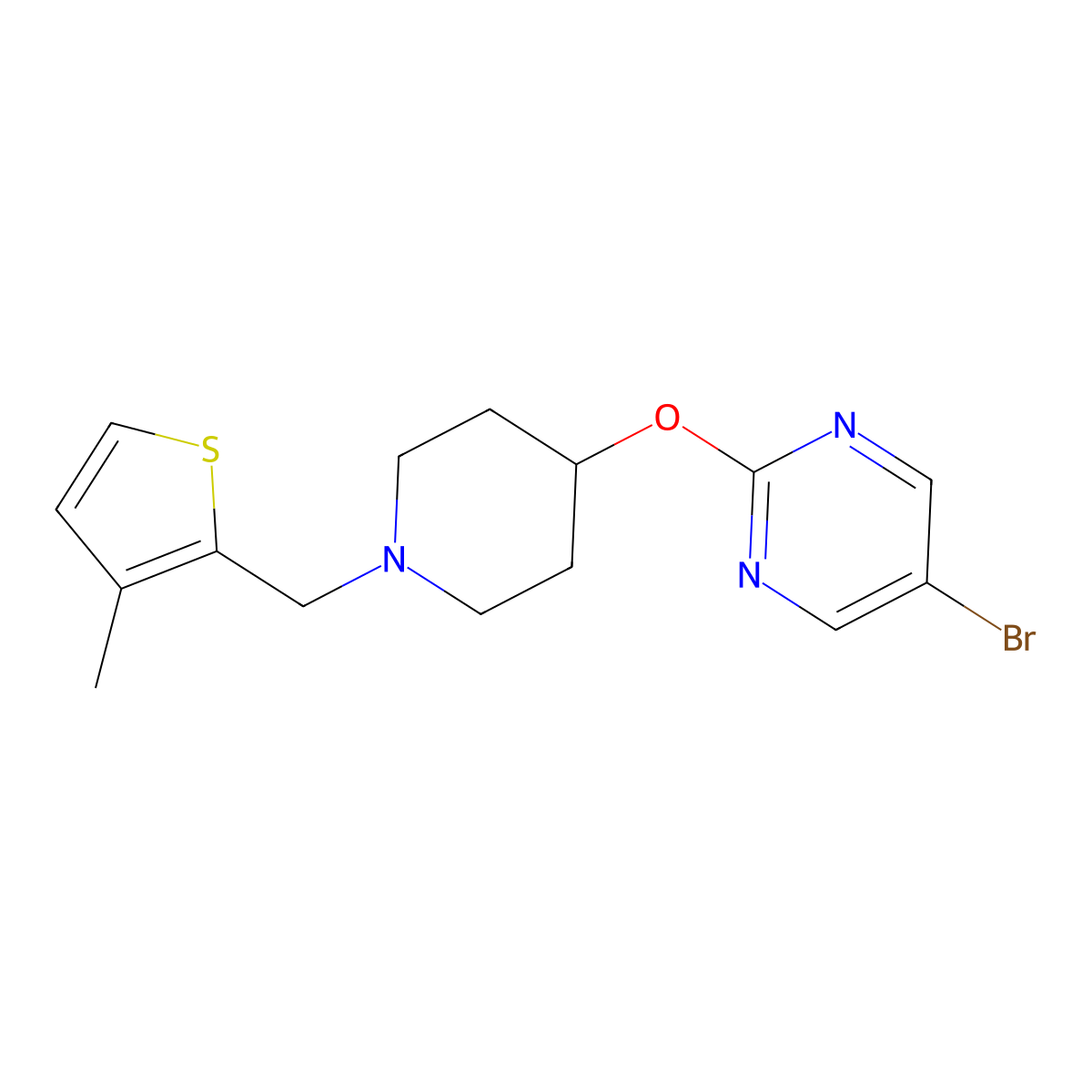 5-Bromo-2-({1-[(3-methylthiophen-2-yl)methyl]piperidin-4-yl}oxy)pyrimidine molecular structure, CAS 2415533-91-2