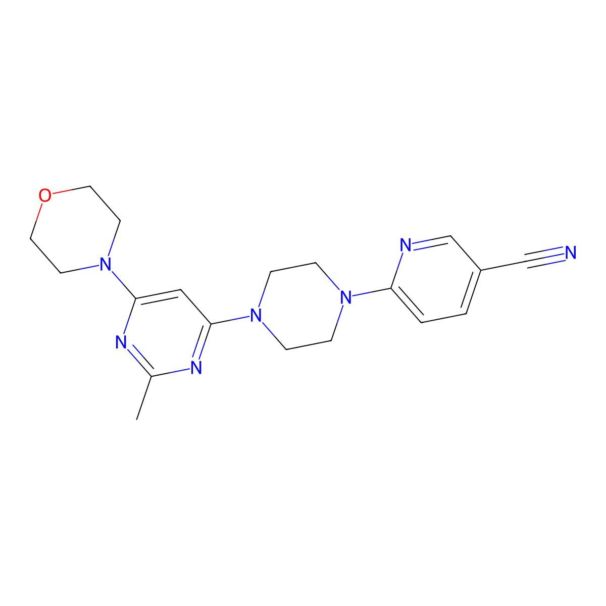 6-{4-[2-Methyl-6-(morpholin-4-yl)pyrimidin-4-yl]piperazin-1-yl}pyridine-3-carbonitrile molecular structure, CAS 2415533-99-0