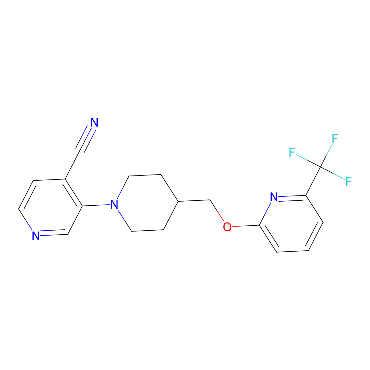 3-[4-({[6-(Trifluoromethyl)pyridin-2-yl]oxy}methyl)piperidin-1-yl]pyridine-4-carbonitrile molecular structure, CAS 2415534-00-6