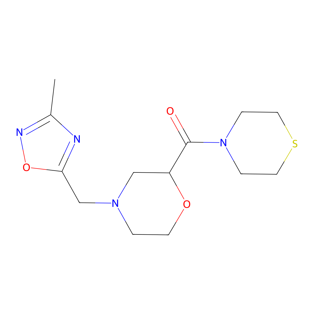 4-[(3-Methyl-1,2,4-oxadiazol-5-yl)methyl]-2-(thiomorpholine-4-carbonyl)morpholine molecular structure, CAS 2415534-05-1