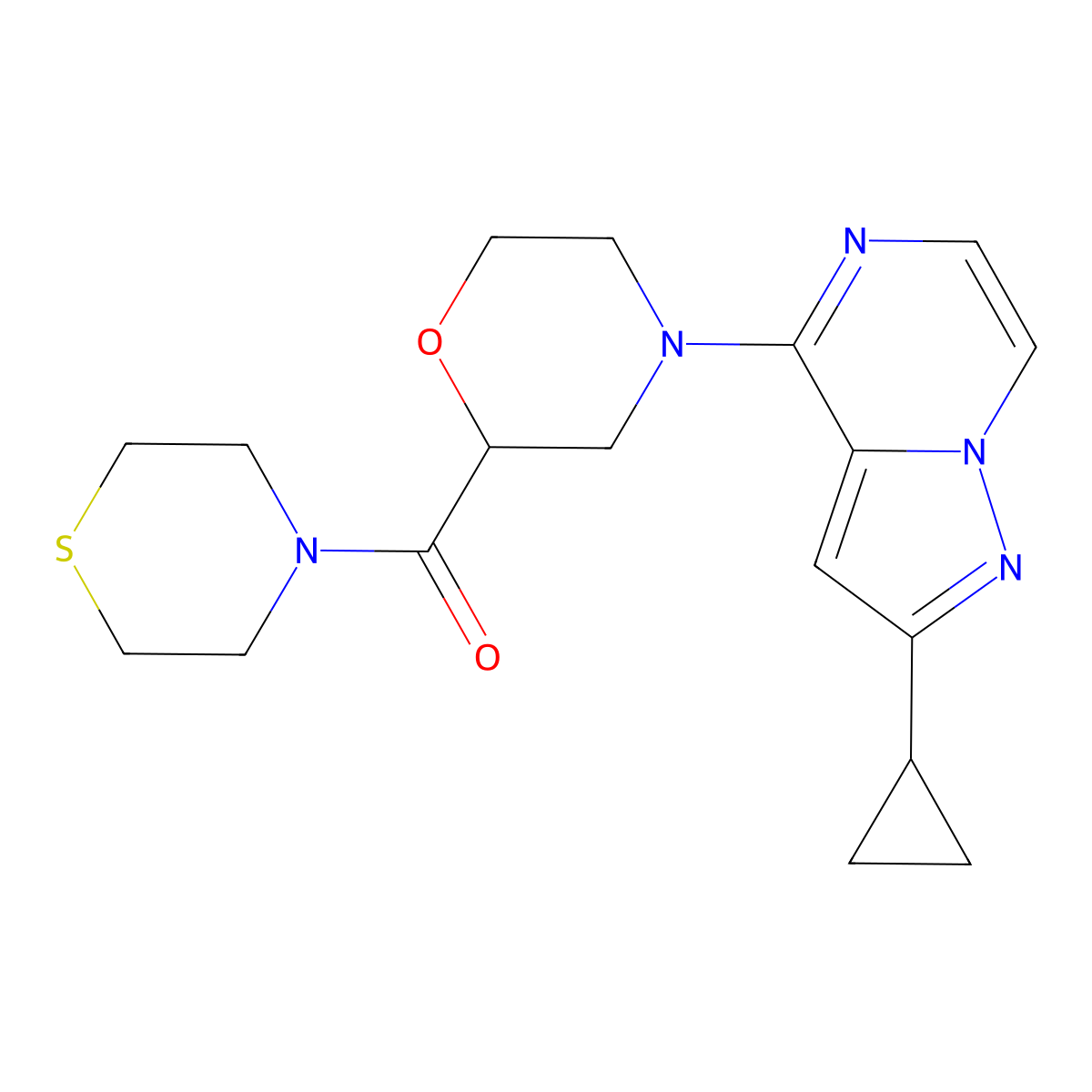 4-{2-Cyclopropylpyrazolo[1,5-a]pyrazin-4-yl}-2-(thiomorpholine-4-carbonyl)morpholine molecular structure, CAS 2415534-10-8