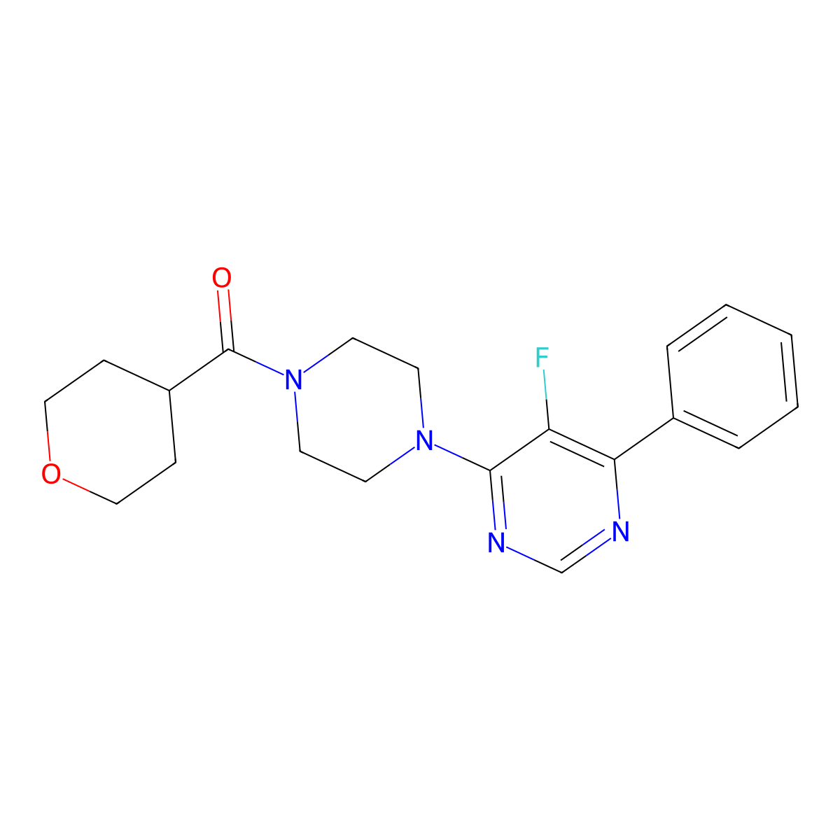 5-Fluoro-4-[4-(oxane-4-carbonyl)piperazin-1-yl]-6-phenylpyrimidine molecular structure, CAS 2415534-20-0