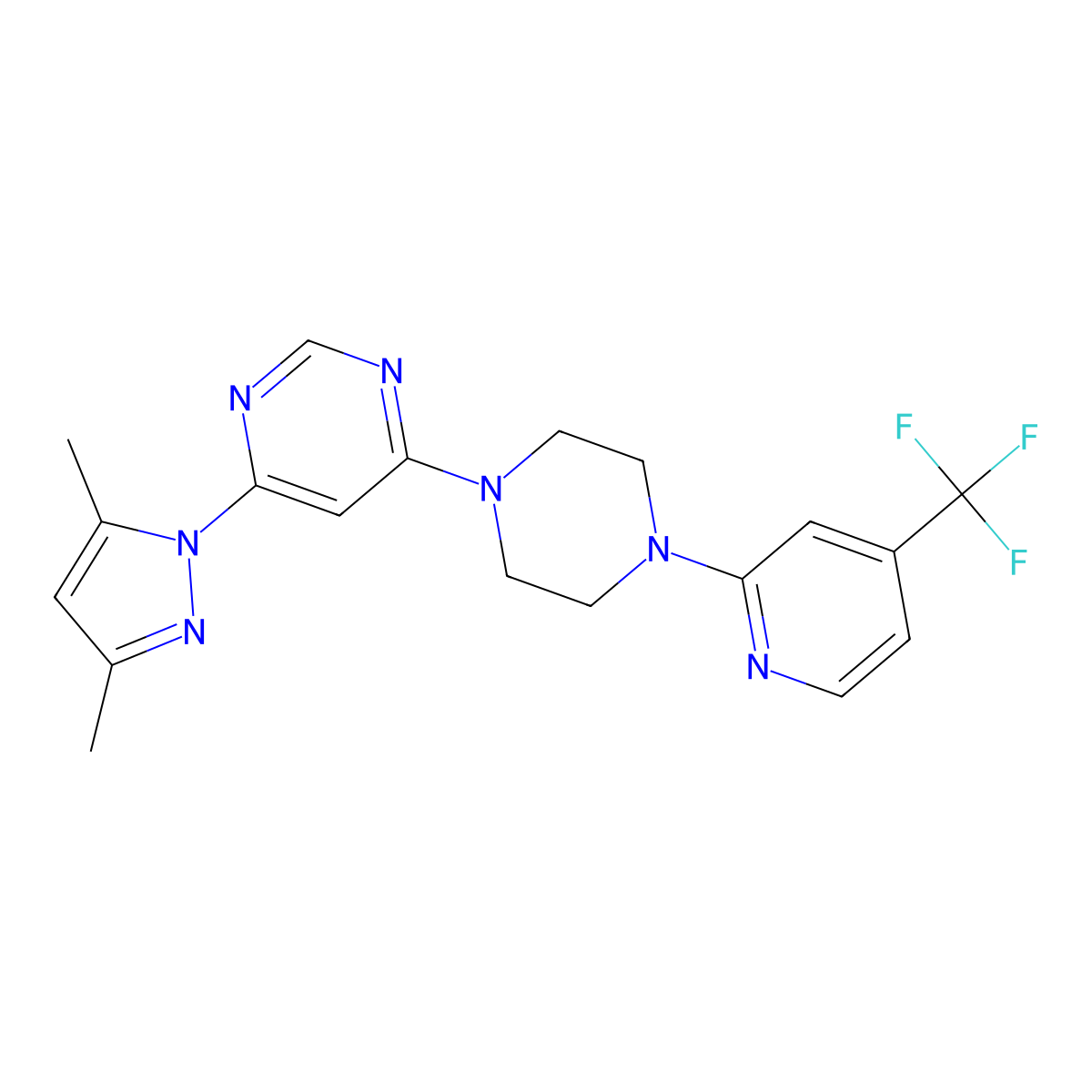 4-(3,5-dimethyl-1H-pyrazol-1-yl)-6-{4-[4-(trifluoromethyl)pyridin-2-yl]piperazin-1-yl}pyrimidine molecular structure, CAS 2415534-22-2