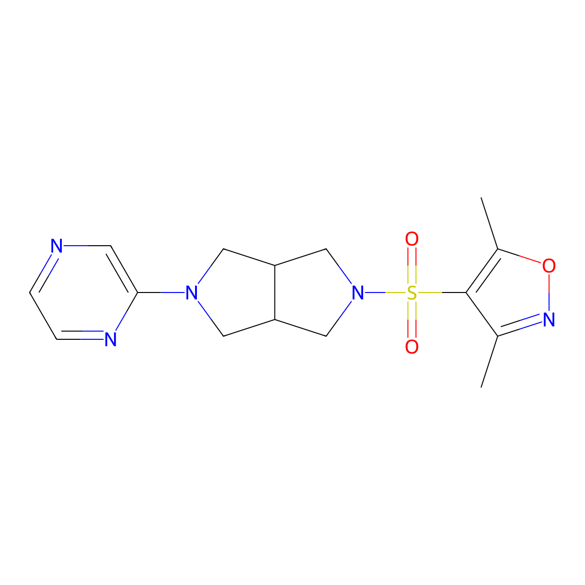 2-{5-[(3,5-Dimethyl-1,2-oxazol-4-yl)sulfonyl]-octahydropyrrolo[3,4-c]pyrrol-2-yl}pyrazine molecular structure, CAS 2415534-33-5