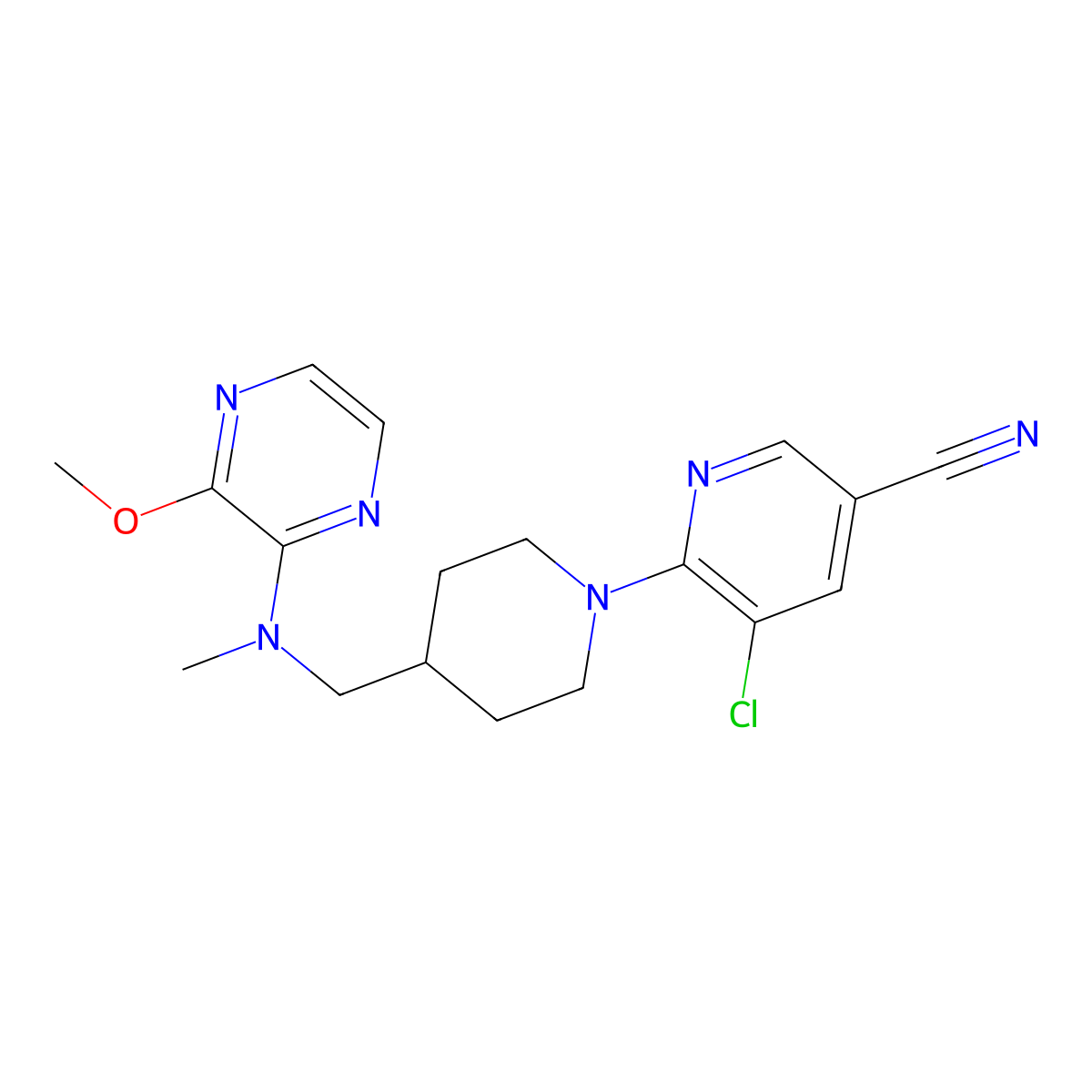 5-Chloro-6-(4-{[(3-methoxypyrazin-2-yl)(methyl)amino]methyl}piperidin-1-yl)pyridine-3-carbonitrile molecular structure, CAS 2415534-54-0