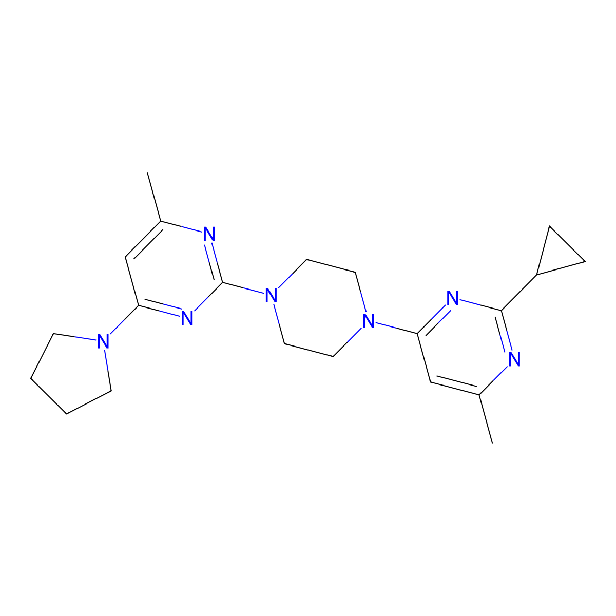 2-[4-(2-Cyclopropyl-6-methylpyrimidin-4-yl)piperazin-1-yl]-4-methyl-6-(pyrrolidin-1-yl)pyrimidine molecular structure, CAS 2415534-55-1