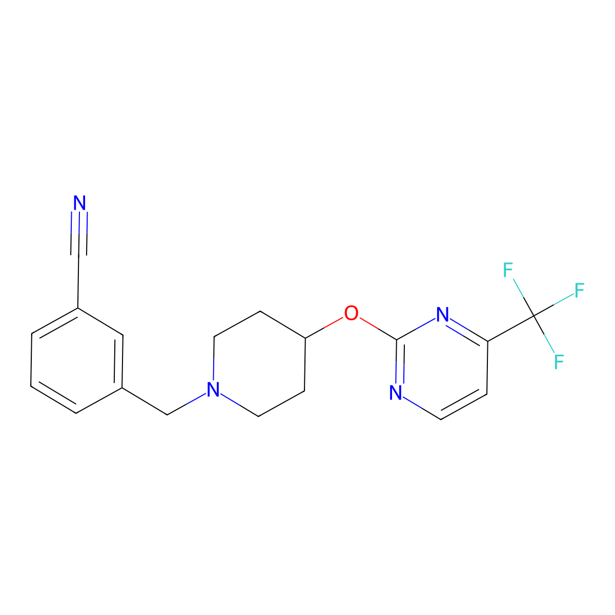 3-[(4-{[4-(Trifluoromethyl)pyrimidin-2-yl]oxy}piperidin-1-yl)methyl]benzonitrile molecular structure, CAS 2415534-66-4