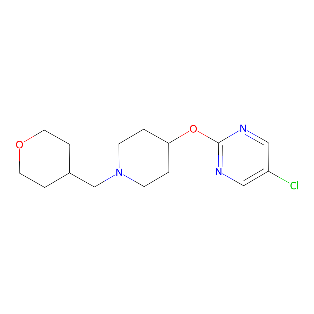 5-Chloro-2-({1-[(oxan-4-yl)methyl]piperidin-4-yl}oxy)pyrimidine molecular structure, CAS 2415534-72-2