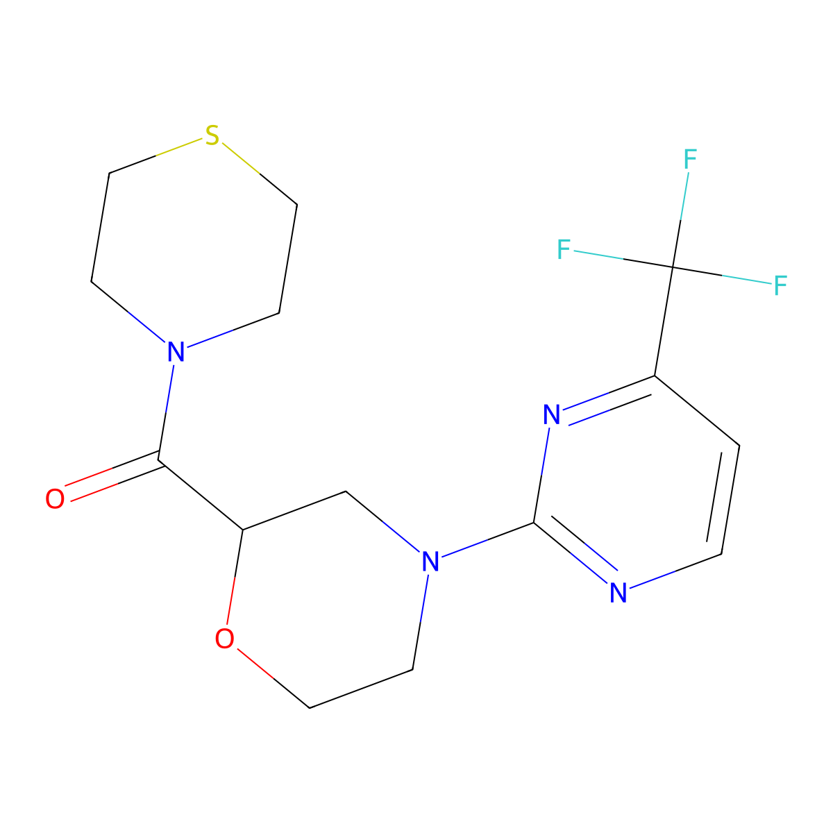 2-(Thiomorpholine-4-carbonyl)-4-[4-(trifluoromethyl)pyrimidin-2-yl]morpholine molecular structure, CAS 2415534-77-7