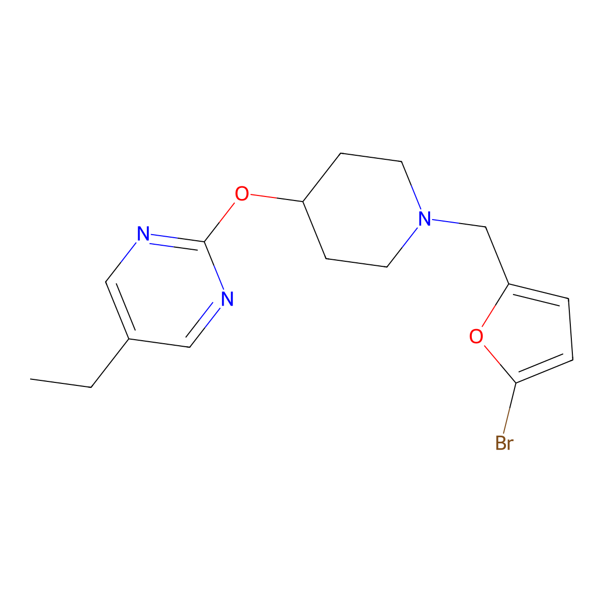 2-({1-[(5-Bromofuran-2-yl)methyl]piperidin-4-yl}oxy)-5-ethylpyrimidine molecular structure, CAS 2415534-94-8