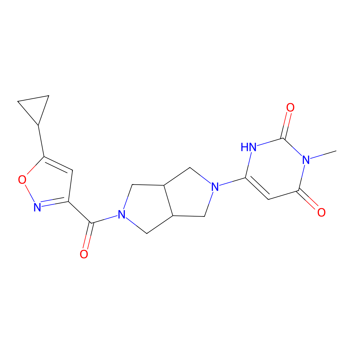 6-[5-(5-Cyclopropyl-1,2-oxazole-3-carbonyl)-octahydropyrrolo[3,4-c]pyrrol-2-yl]-3-methyl-1,2,3,4-tetrahydropyrimidine-2,4-dione molecular structure, CAS 2415534-97-1