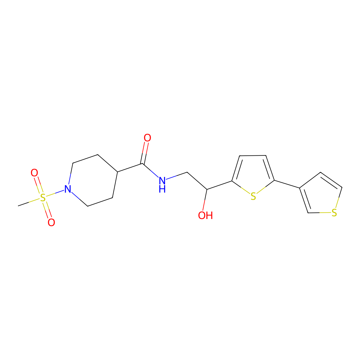 N-(2-{[2,3'-bithiophene]-5-yl}-2-hydroxyethyl)-1-methanesulfonylpiperidine-4-carboxamide molecular structure, CAS 2415535-14-5