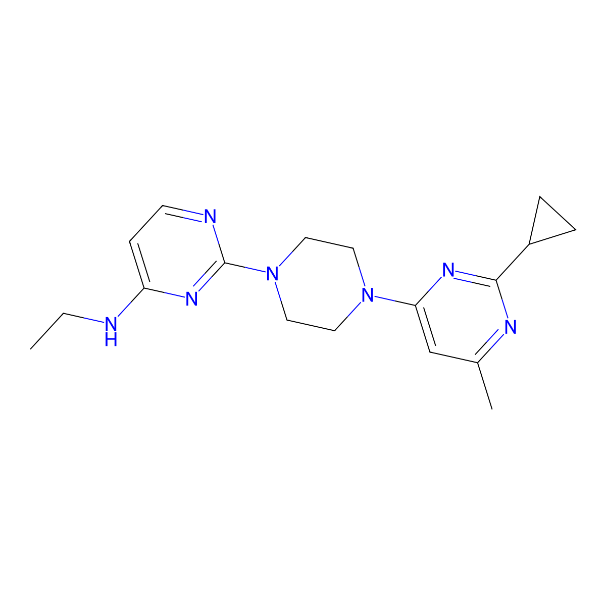 2-[4-(2-Cyclopropyl-6-methylpyrimidin-4-yl)piperazin-1-yl]-N-ethylpyrimidin-4-amine molecular structure, CAS 2415535-29-2