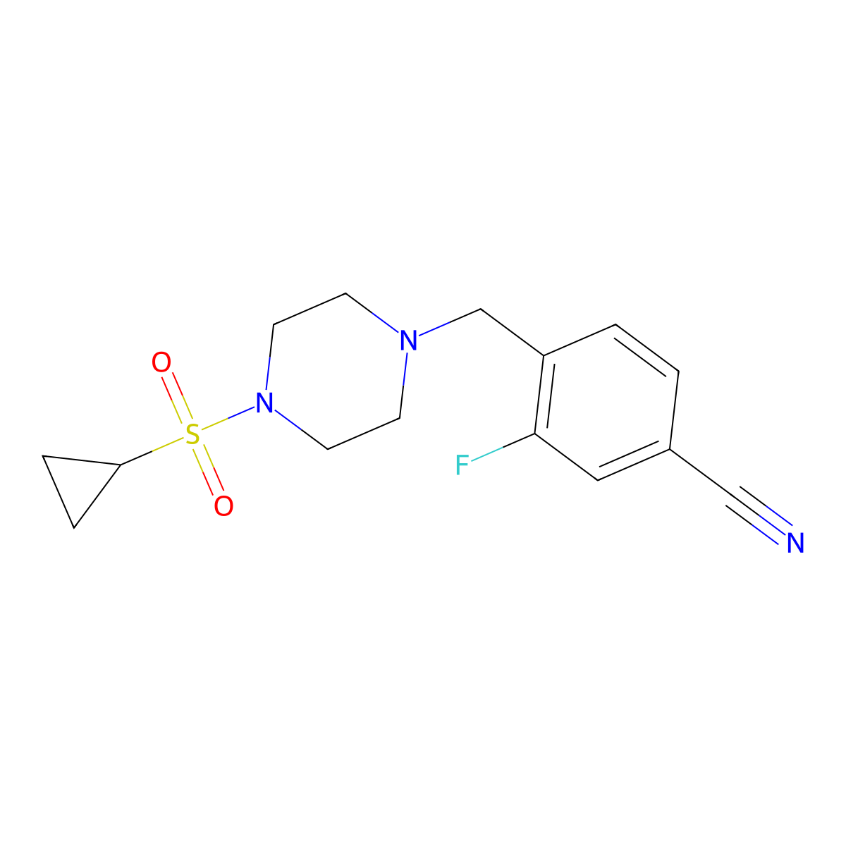 4-[(4-Cyclopropylsulfonylpiperazin-1-yl)methyl]-3-fluorobenzonitrile molecular structure, CAS 2415535-30-5