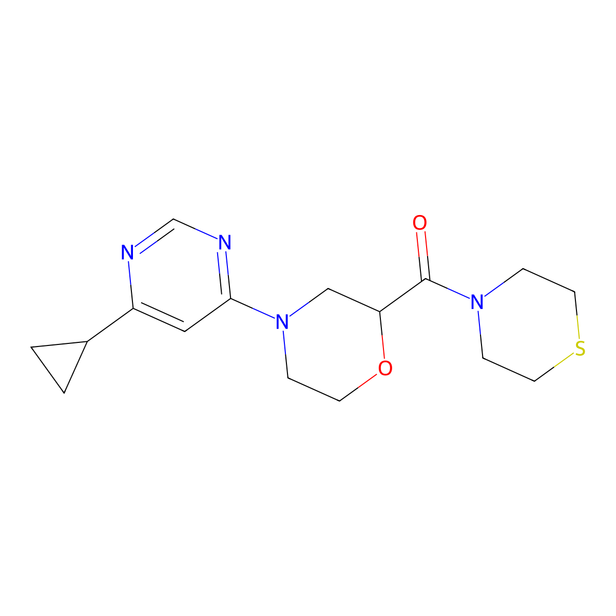 4-(6-Cyclopropylpyrimidin-4-yl)-2-(thiomorpholine-4-carbonyl)morpholine molecular structure, CAS 2415535-44-1