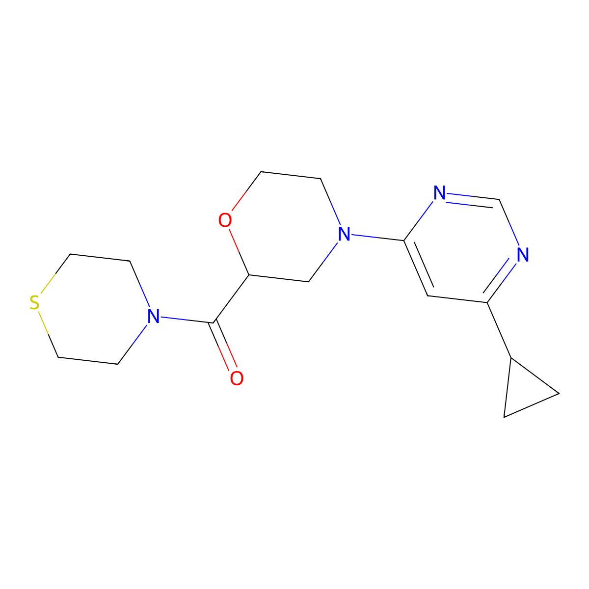 4-(6-Cyclopropylpyrimidin-4-yl)-2-(thiomorpholine-4-carbonyl)morpholine molecular structure, CAS 2415535-44-1