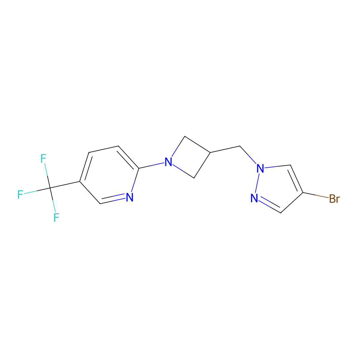 2-{3-[(4-bromo-1H-pyrazol-1-yl)methyl]azetidin-1-yl}-5-(trifluoromethyl)pyridine molecular structure, CAS 2415538-30-4