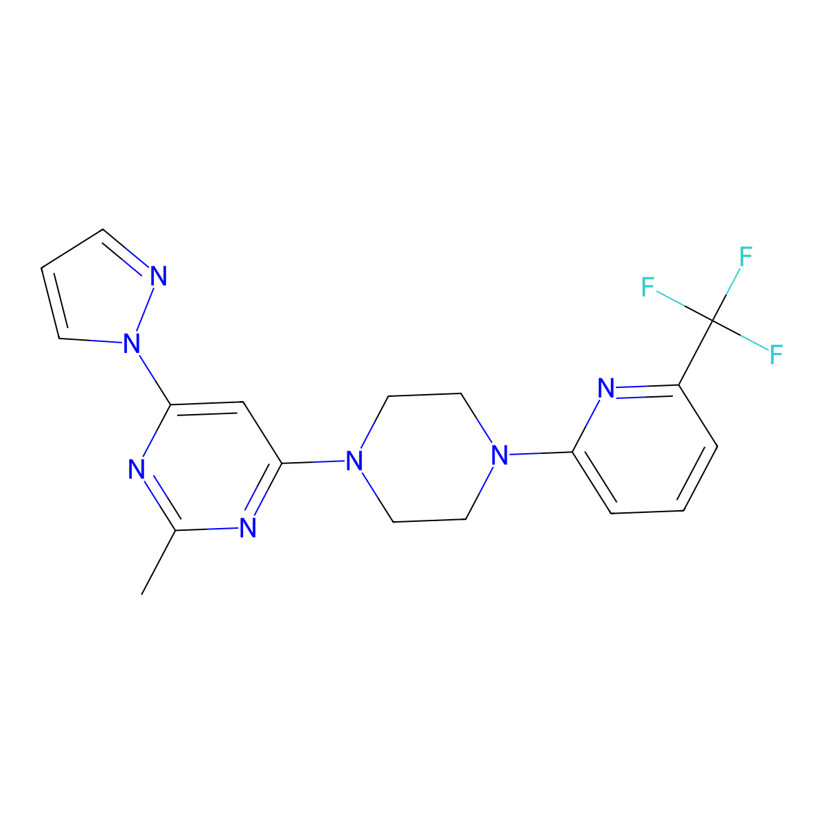 2-methyl-4-(1H-pyrazol-1-yl)-6-{4-[6-(trifluoromethyl)pyridin-2-yl]piperazin-1-yl}pyrimidine molecular structure, CAS 2415538-36-0