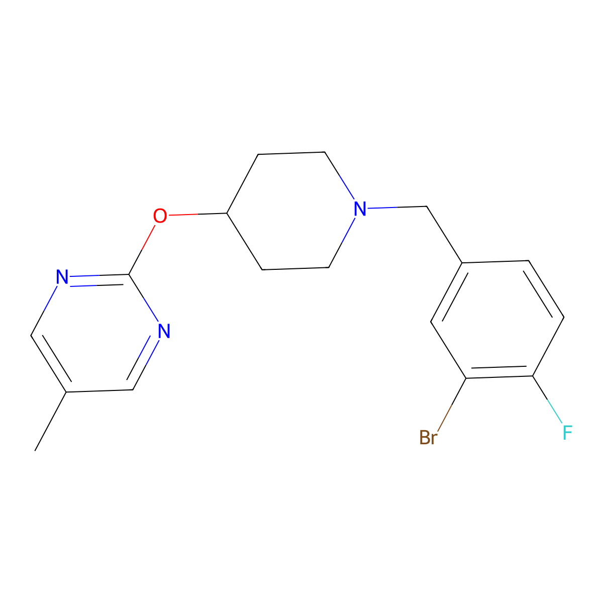 2-({1-[(3-Bromo-4-fluorophenyl)methyl]piperidin-4-yl}oxy)-5-methylpyrimidine molecular structure, CAS 2415538-37-1