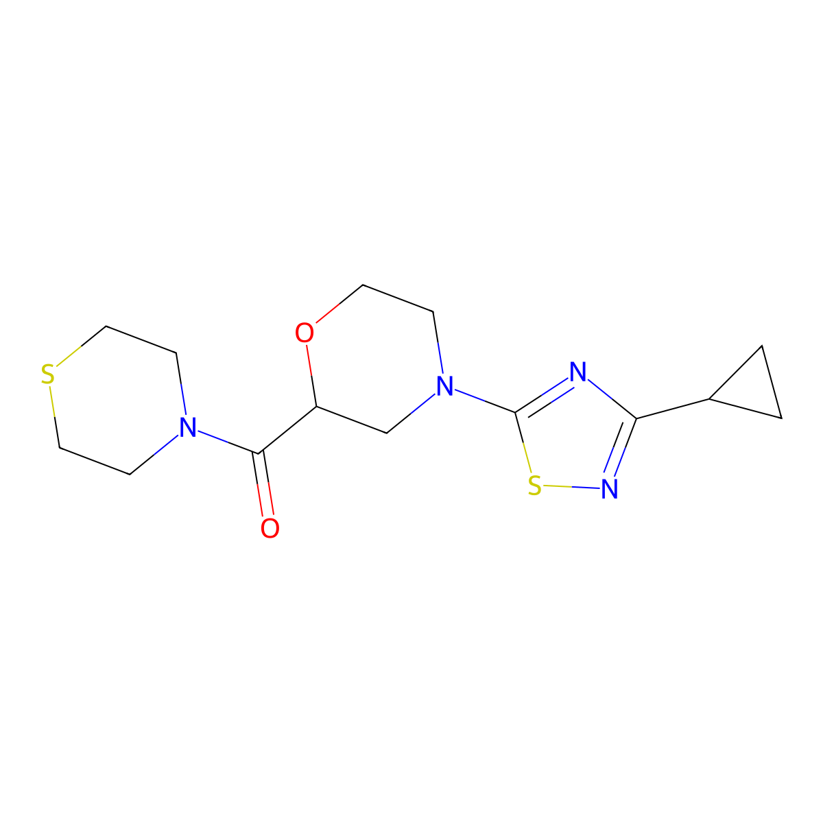 4-(3-Cyclopropyl-1,2,4-thiadiazol-5-yl)-2-(thiomorpholine-4-carbonyl)morpholine molecular structure, CAS 2415538-42-8
