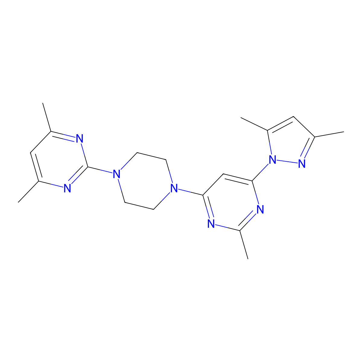 4-(3,5-dimethyl-1H-pyrazol-1-yl)-6-[4-(4,6-dimethylpyrimidin-2-yl)piperazin-1-yl]-2-methylpyrimidine molecular structure, CAS 2415538-44-0