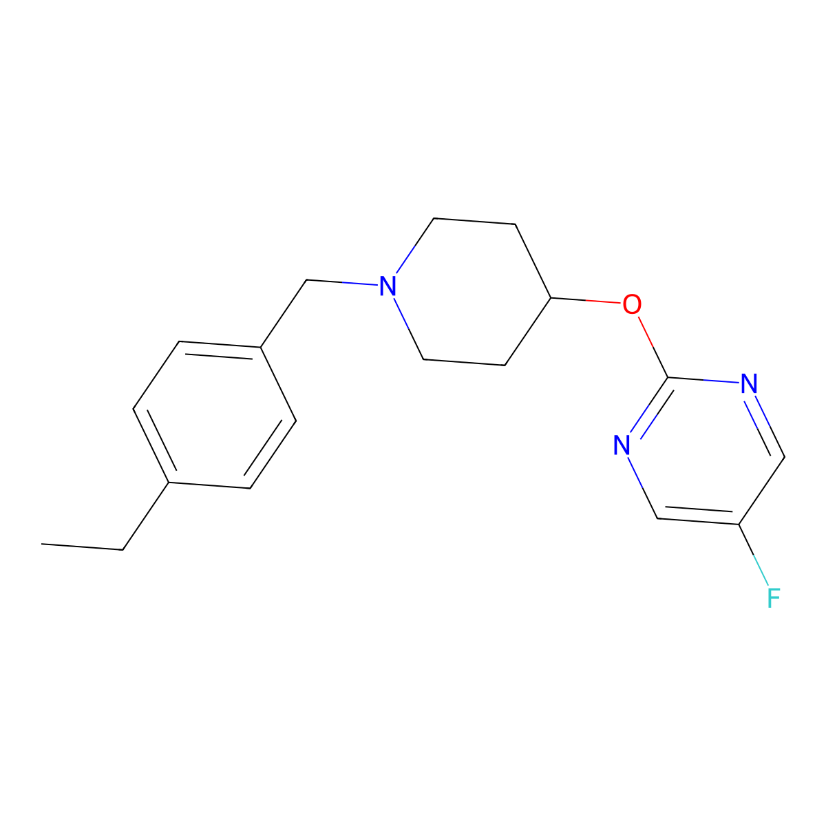 2-({1-[(4-Ethylphenyl)methyl]piperidin-4-yl}oxy)-5-fluoropyrimidine molecular structure, CAS 2415538-48-4
