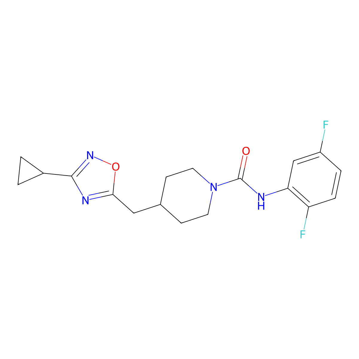 4-[(3-cyclopropyl-1,2,4-oxadiazol-5-yl)methyl]-N-(2,5-difluorophenyl)piperidine-1-carboxamide molecular structure, CAS 2415538-59-7