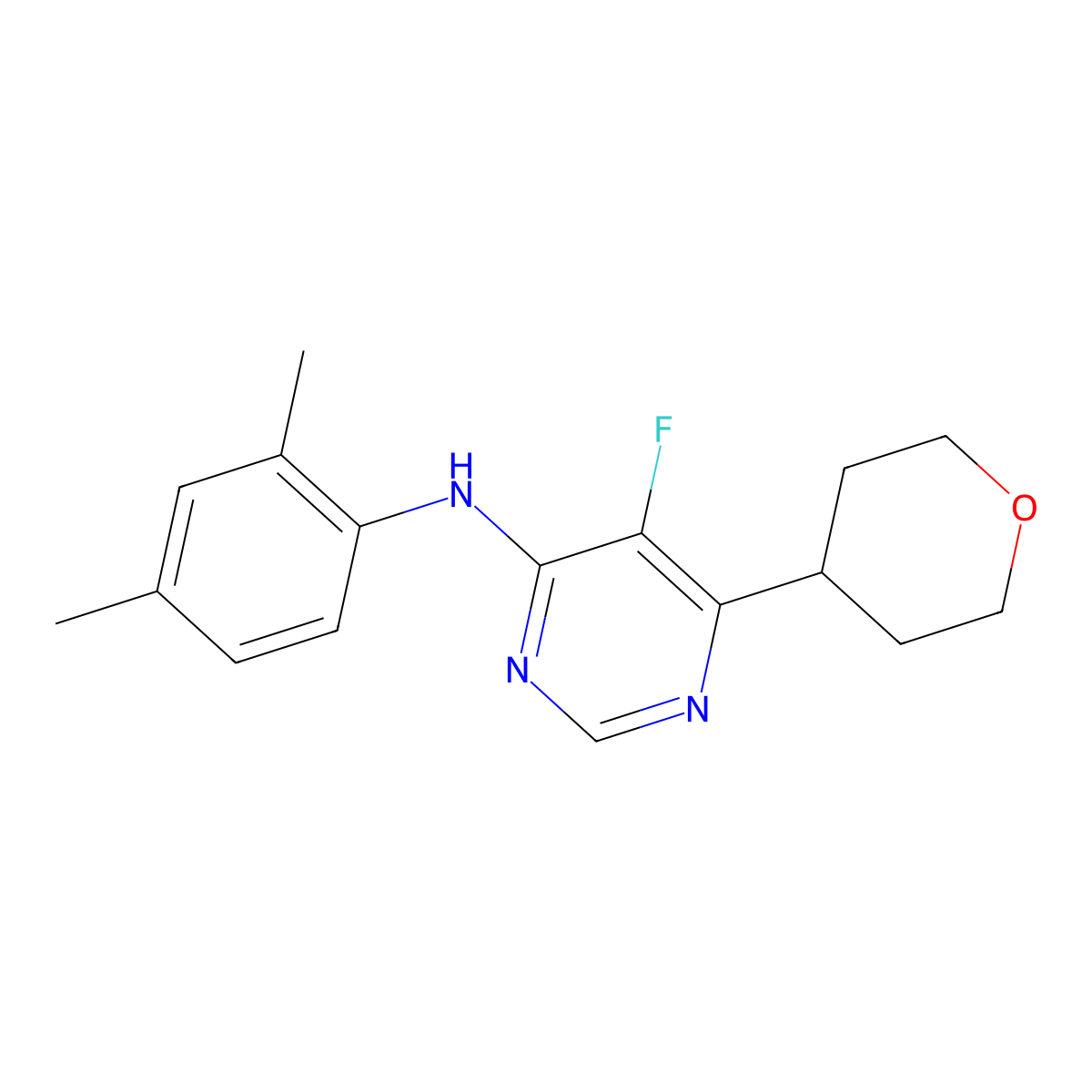 N-(2,4-dimethylphenyl)-5-fluoro-6-(oxan-4-yl)pyrimidin-4-amine molecular structure, CAS 2415538-71-3