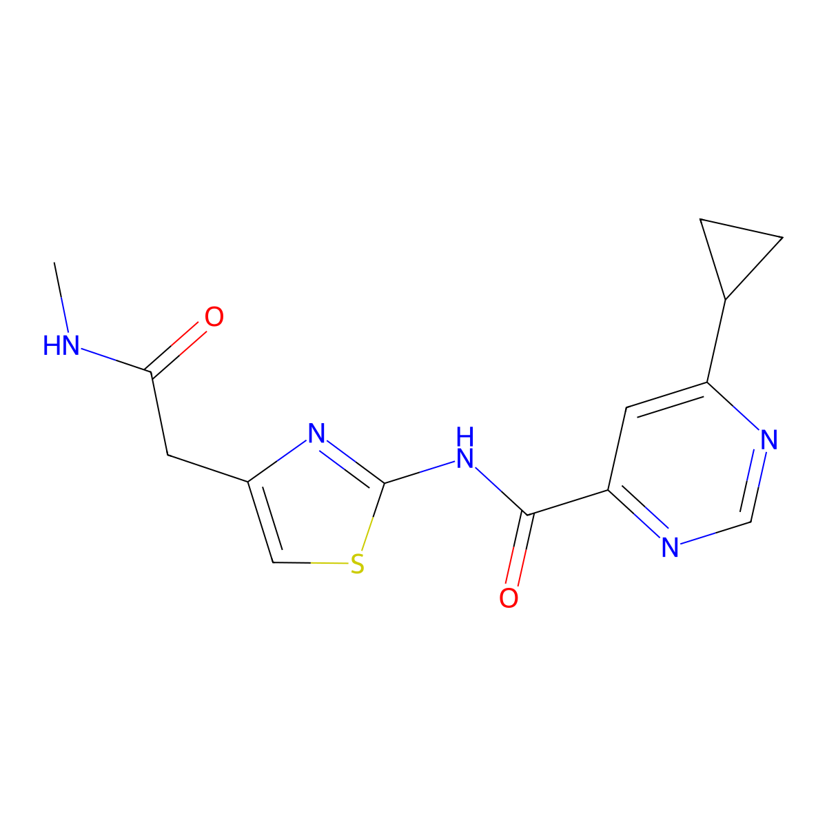 6-cyclopropyl-N-{4-[(methylcarbamoyl)methyl]-1,3-thiazol-2-yl}pyrimidine-4-carboxamide molecular structure, CAS 2415538-77-9