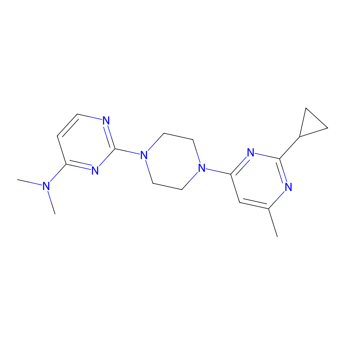 2-[4-(2-Cyclopropyl-6-methylpyrimidin-4-yl)piperazin-1-yl]-N,N-dimethylpyrimidin-4-amine molecular structure, CAS 2415538-84-8