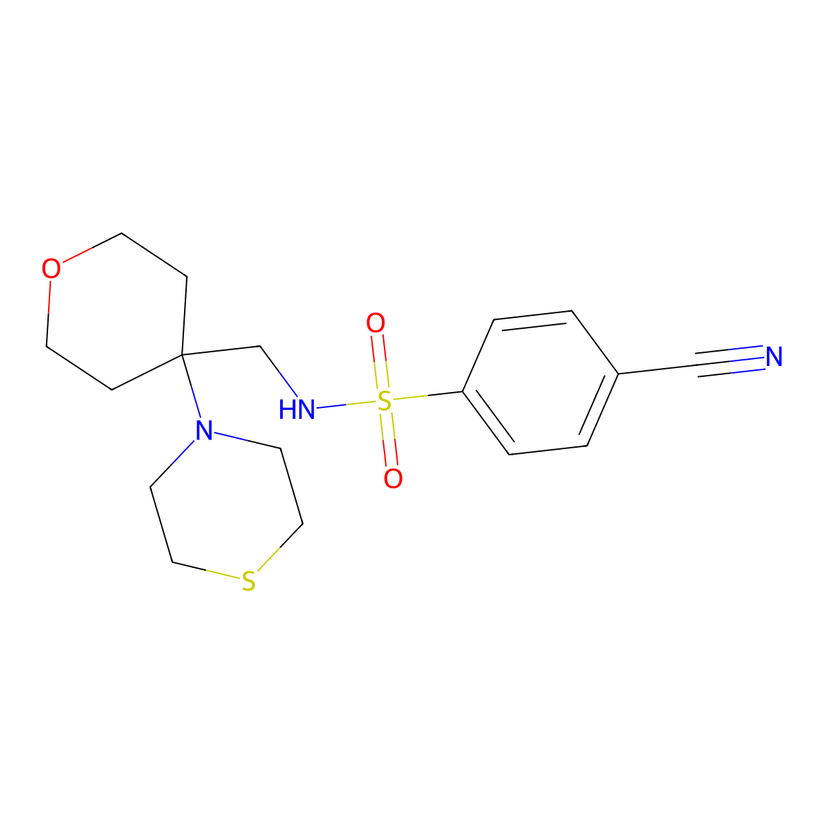 4-cyano-N-{[4-(thiomorpholin-4-yl)oxan-4-yl]methyl}benzene-1-sulfonamide molecular structure, CAS 2415538-87-1