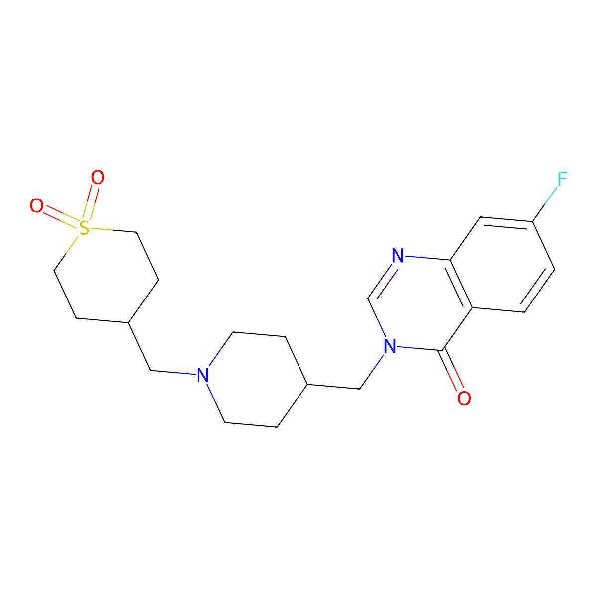 4-({4-[(7-Fluoro-4-oxo-3,4-dihydroquinazolin-3-yl)methyl]piperidin-1-yl}methyl)-1lambda6-thiane-1,1-dione molecular structure, CAS 2415539-00-1