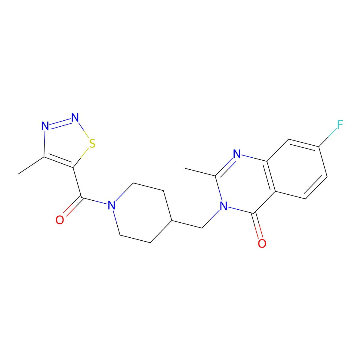 7-Fluoro-2-methyl-3-{[1-(4-methyl-1,2,3-thiadiazole-5-carbonyl)piperidin-4-yl]methyl}-3,4-dihydroquinazolin-4-one molecular structure, CAS 2415539-03-4