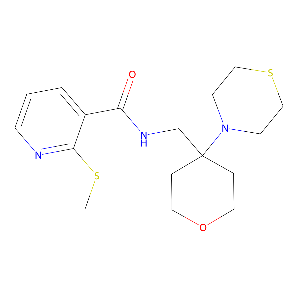 2-(methylsulfanyl)-N-{[4-(thiomorpholin-4-yl)oxan-4-yl]methyl}pyridine-3-carboxamide molecular structure, CAS 2415539-15-8