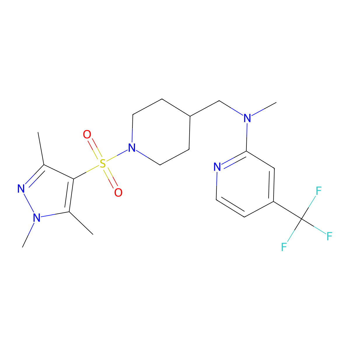 N-methyl-4-(trifluoromethyl)-N-({1-[(1,3,5-trimethyl-1H-pyrazol-4-yl)sulfonyl]piperidin-4-yl}methyl)pyridin-2-amine molecular structure, CAS 2415539-19-2