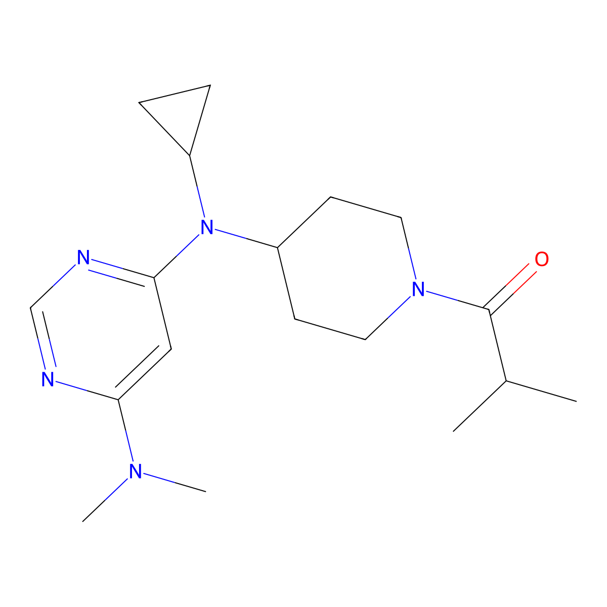 1-(4-{Cyclopropyl[6-(dimethylamino)pyrimidin-4-yl]amino}piperidin-1-yl)-2-methylpropan-1-one molecular structure, CAS 2415539-30-7