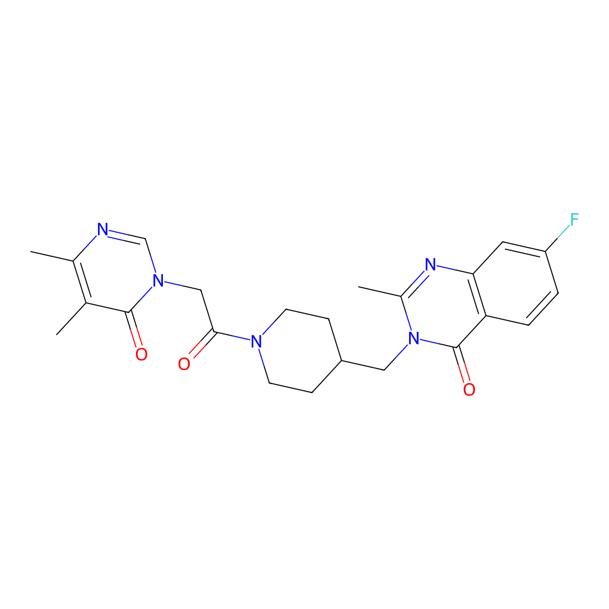 3-({1-[2-(4,5-Dimethyl-6-oxo-1,6-dihydropyrimidin-1-yl)acetyl]piperidin-4-yl}methyl)-7-fluoro-2-methyl-3,4-dihydroquinazolin-4-one molecular structure, CAS 2415539-36-3