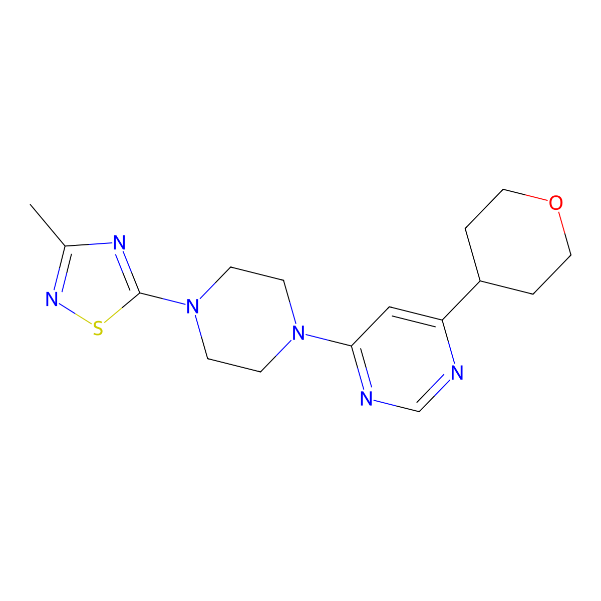 4-[4-(3-Methyl-1,2,4-thiadiazol-5-yl)piperazin-1-yl]-6-(oxan-4-yl)pyrimidine molecular structure, CAS 2415539-49-8