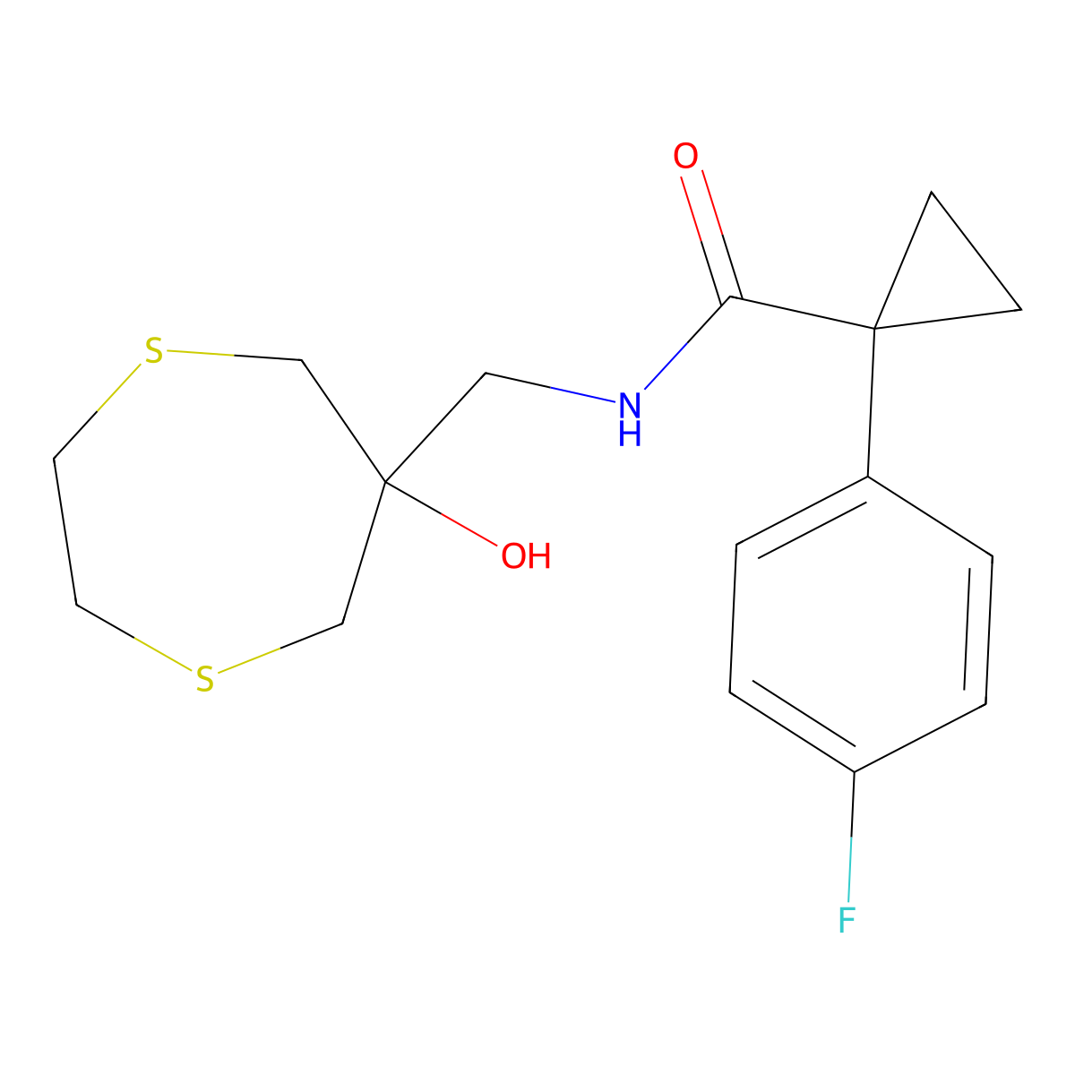 1-(4-Fluorophenyl)-N-[(6-hydroxy-1,4-dithiepan-6-yl)methyl]cyclopropane-1-carboxamide molecular structure, CAS 2415539-51-2