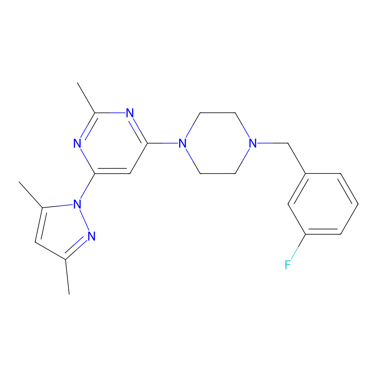 4-(3,5-dimethyl-1H-pyrazol-1-yl)-6-{4-[(3-fluorophenyl)methyl]piperazin-1-yl}-2-methylpyrimidine molecular structure, CAS 2415539-64-7